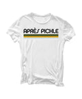 Cream t-shirt with 'Aprés Pickle' in black above retro blue, yellow, and green stripes on the front.