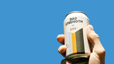 Hand holding a can of Dad Strength Brewing IPA, a 2.9% ABV low-alcohol craft beer, against a clear blue sky.