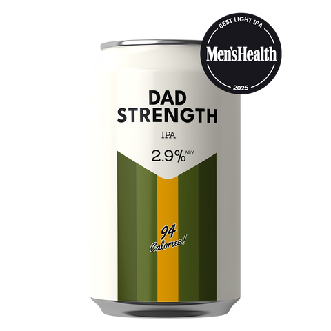 Can of Dad Strength IPA with Men’s Health “Best Light IPA of 2025” badge.