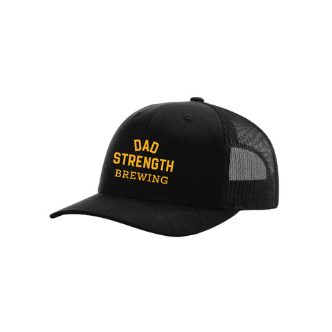 Black trucker cap with 'Dad Strength Brewing' on the front.