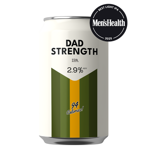 Can of Dad Strength IPA with Men’s Health “Best Light IPA of 2025” badge.