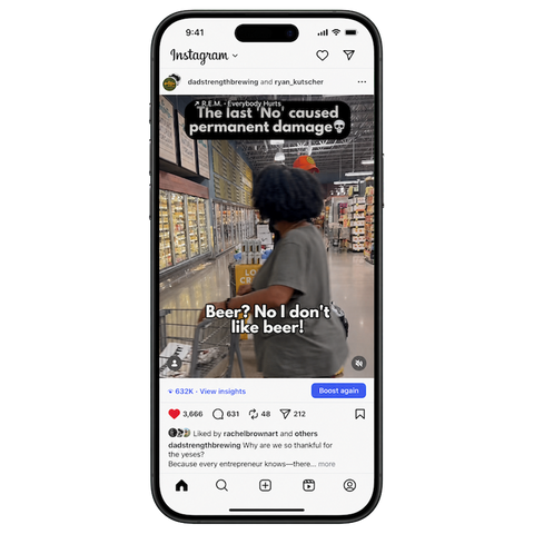 A smartphone mockup displaying an Instagram post in a grocery store aisle. The post features a person seen from behind wearing a red beanie and gray shirt, with text overlays reading 'The last No' caused permanent damage?' and 'Beer? No I don't like beer!'.