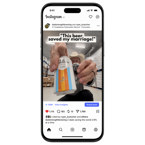 A smartphone mockup displaying an Instagram post. The post shows a person holding up a bottle of Cascade Island IPA in a warehouse setting, with the caption 'This beer, saved my marriage!'.
