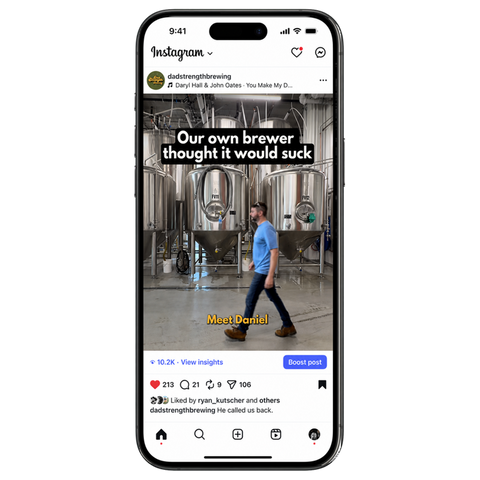 A smartphone mockup displaying an Instagram post about a brewery interior with large stainless steel fermenters and a man walking through the space. The post includes the text 'Our own brewer thought it would suck' and 'Meet Daniel.