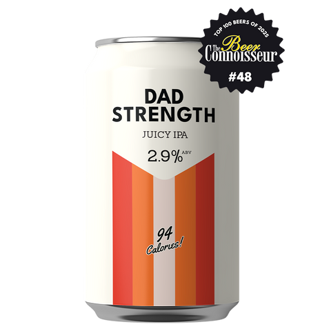 Can of Dad Strength Juicy IPA with The Beer Connoisseur “#48 Top 100 Beers of 2025” badge.
