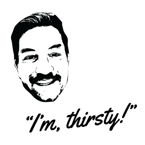 Black and white illustration of Craig, Dad Strength founder, with text 'I'm thirsty!'