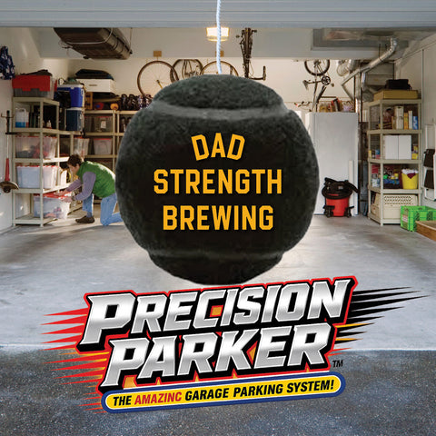 Precision Parker garage parking system by Dad Strength Brewing featuring a tennis ball hanging from a garage ceiling as a parking aid